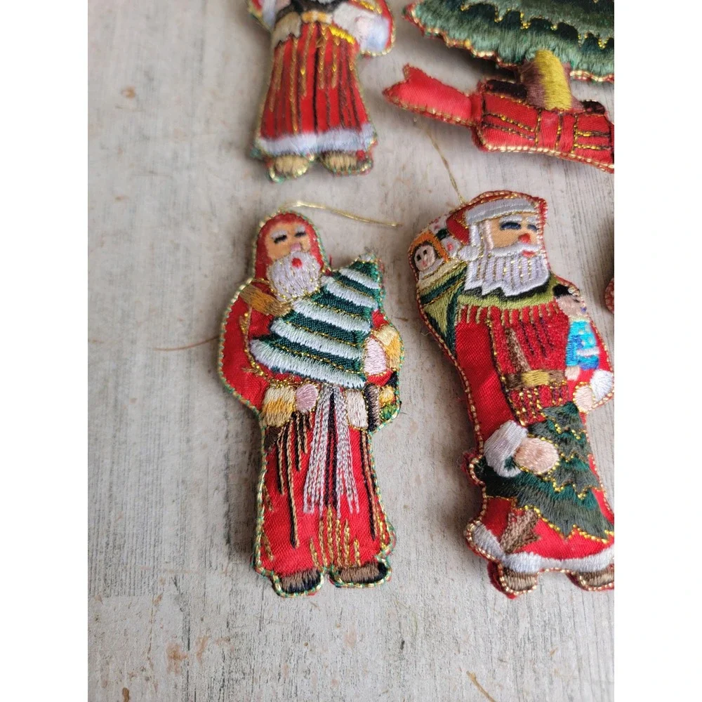 Vintage embroidered Santa Claus tree candle ornament Snowman Xmas set